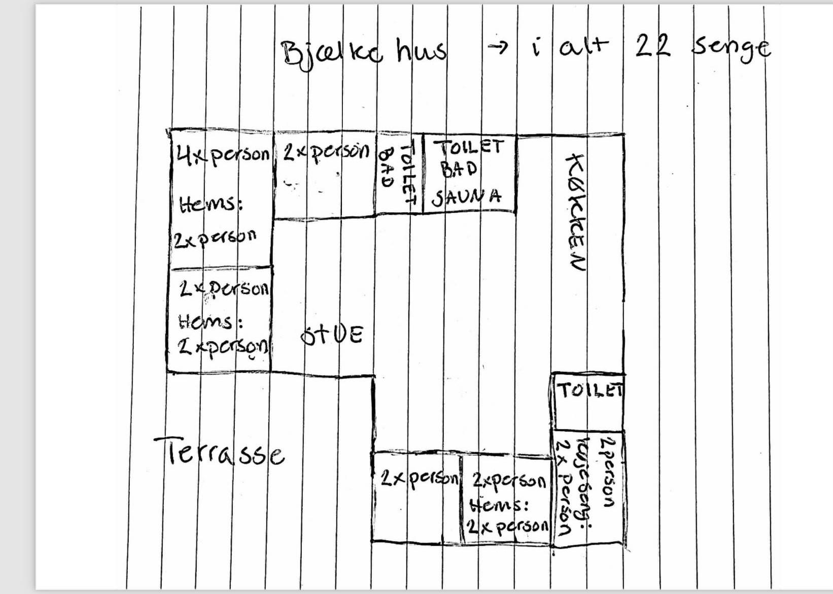 Hand-drawn layout of Bjelke hus accommodation